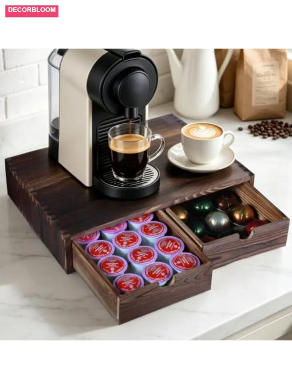 Wooden Coffee Pod Organizer with 2 Drawers, Holds 30 Pods, 2-in-1 Maker Stand